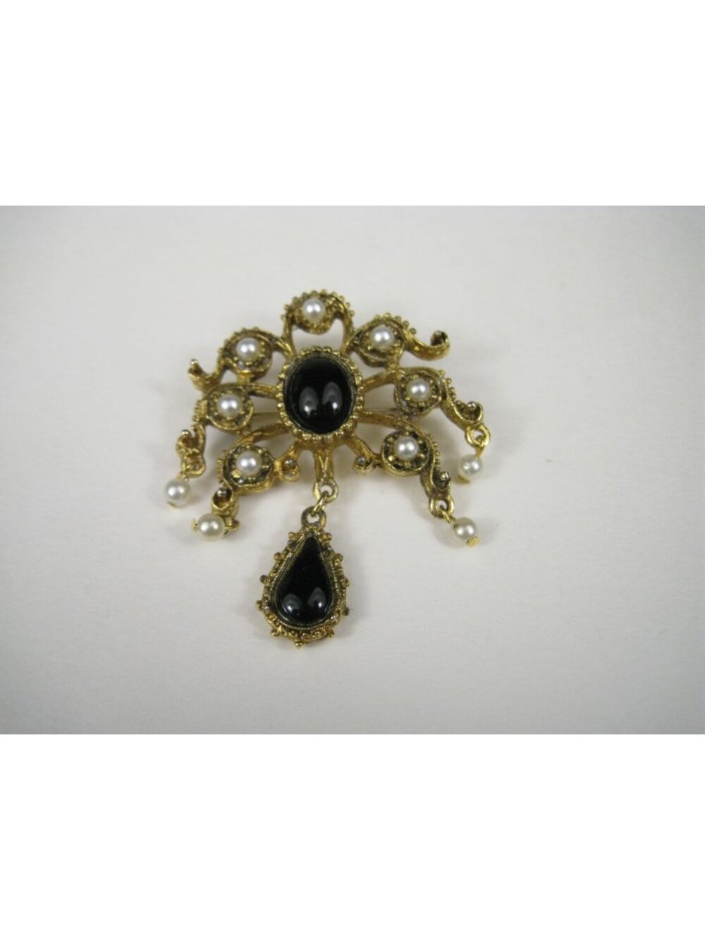 Gold Tone Simulated Pearl Dangle Brooch Pin Ornate Victorian STYLE